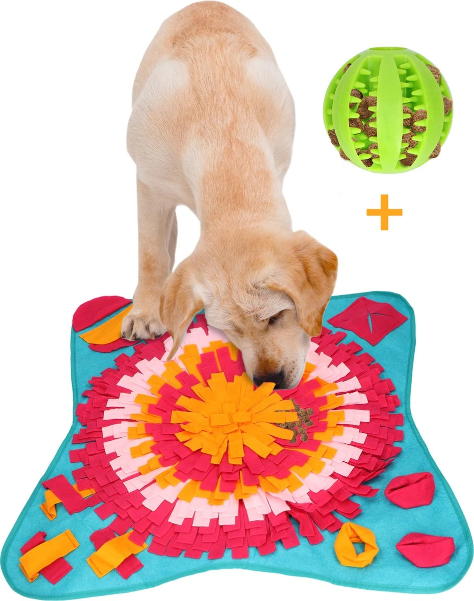 Snuffelmat 70x70cm Inclusief Rubberen Massage Bal & E-book - Speelmat Hond - Denkspel Hond - Puppy Speelgoed - Anti Schrok Mat - Honden Snoepjes - Cadeau Tip